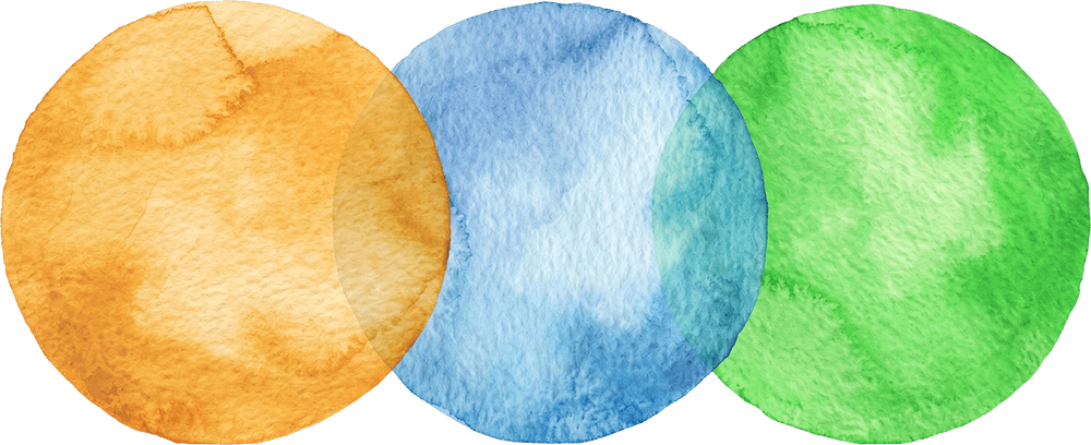 Drei Aquarell-Kreise in Orange, Blau und Grün